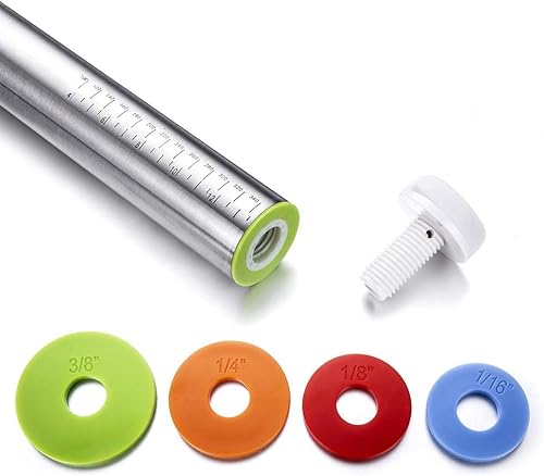 Miniatura 4 de Flechaco Rolling Pin and Pastry Baking Mat Set, Rolling Pins with Adjustable Thickness Rings, Stainless Steel Dough Roller for Baking Fondant,