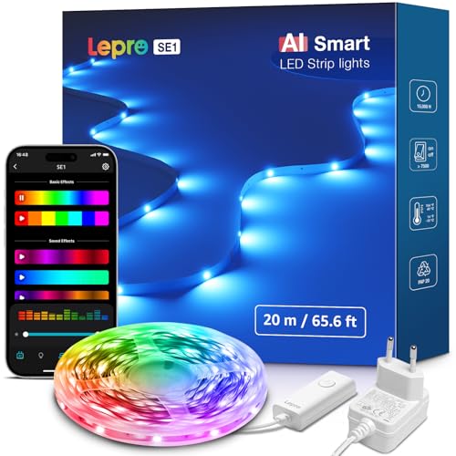 Lepro AI LED Streifen SE1, 20M Smart LED Strip RGB mit App-Sprachbefehle, Musik Sync, Personalisierter KI-Lichtdesigner, kompatibel mit Alexa&Google Assistant, für Party/Zuhause, Keine Fernbedienung