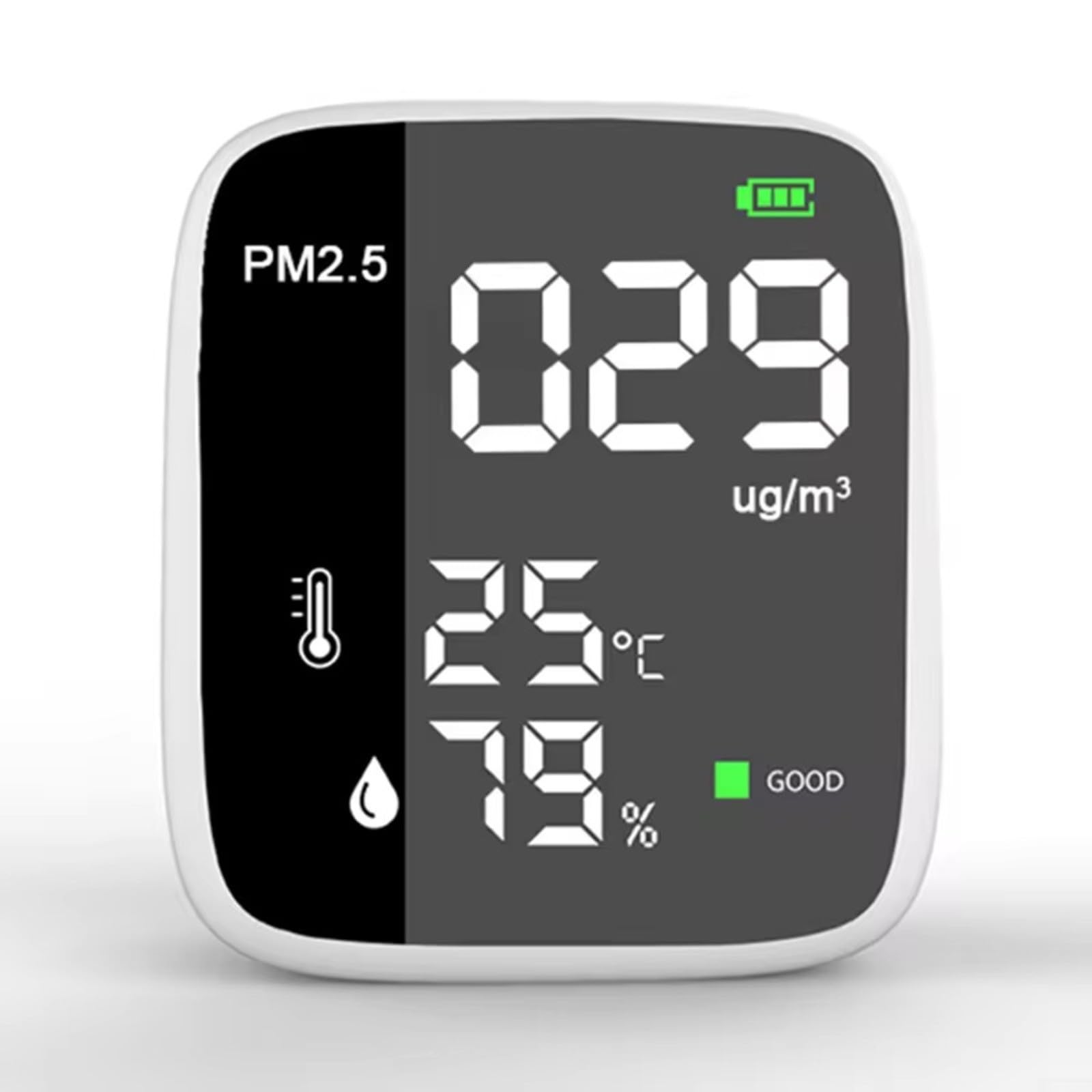 PM2.5 Monitor de calidad del aire con detección en tiempo real de la temperatura y humedad de la materia particulada Indicador visual de carcasa ABS compacta y alarma para seguridad ambiental