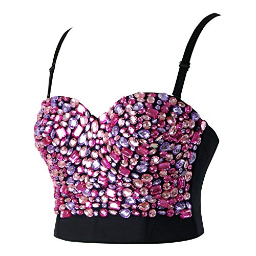 Image of Charmian Women's Colorful Rhinestone Push Up Bra Clubwear Bustier Crop Top | Underwire Padded Bra, Detachable Shoulder Straps, Plastic Boned