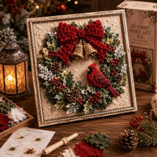 3D Christmas Fabric Poke Art Kit for Adults - DIY No-Sew Craft Set,Wreath