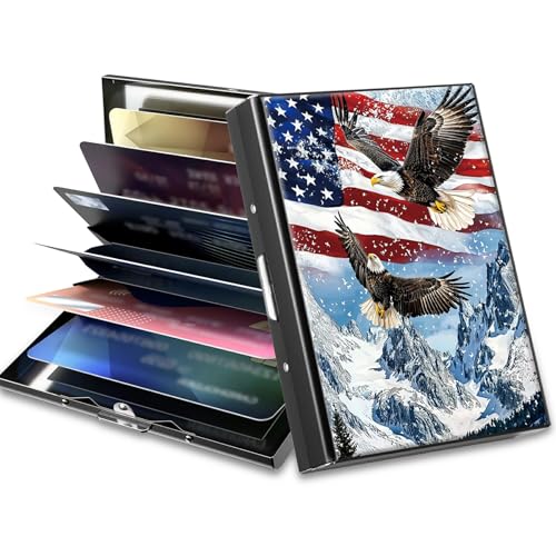 Image of Slim Credit Card Holder, Eagle Iceberg American Flag RFID Blocking Metal Wallet for Men & Women, Aluminum Minimalist Hard Case Pocket-Sized Business Cards Organizer (Fits Up to 10 Cards)