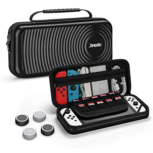 JINGDU Tasche für Nintendo Switch und Switch OLED,Harte Tragetasche Hülle für Nintendo Switch/Switch OLED, Aufbewahrungstasche mit 10 Spielkartenfächern, Black Cover