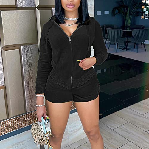 Women's Velour Sweatsuits Outfits Zip Up Hoodies Long Sleeves Shorts Sexy Velvet Tracksuit Workout 2 Piece Set Black #TOP4