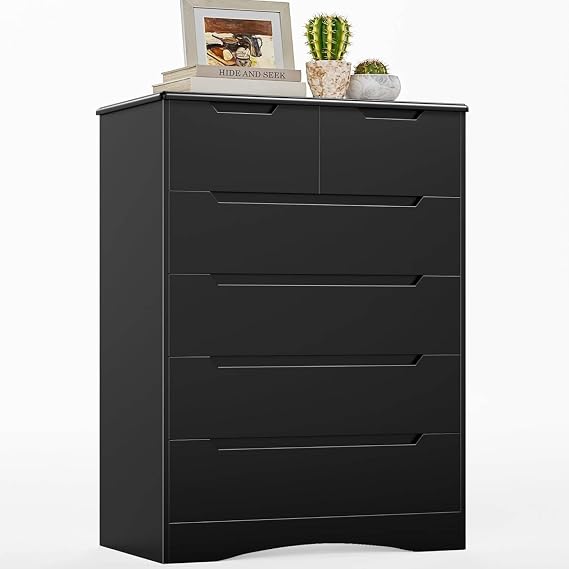Gizoon 6 Drawer Dresser, Chest of Drawers with Large Storage, Black Dressers for Bedroom, Tall Dresser and Organizer with Anti-Tripping, Wooden Cabinet for Office, Living Room, Entryway