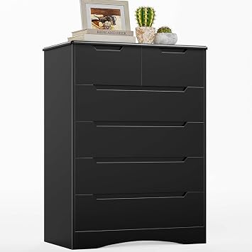 Gizoon 6 Drawer Dresser, Chest of Drawers with Large Storage, Black Dressers for Bedroom, Tall Dresser and Organizer with Anti-Tripping, Wooden Cabinet for Office, Living Room, Entryway