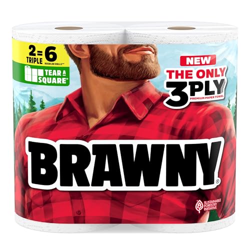 Bambooee Paper Towel Brawny Tear-A-Square 3-Ply Paper Towels, 2 Triple Rolls = 6 Regular Rolls, Strong, Absorbent, and...