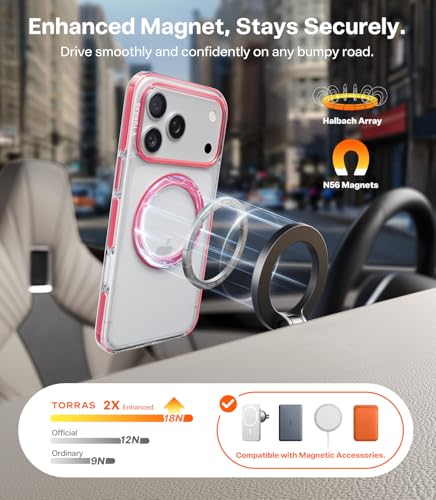 Image of TORRAS 360 Magnetic Stand for iPhone 17 Pro Max Case, [Fit for MagSafe] [Military-Grade Protection] Slim Case for iPhone 17 Pro Max 6.9 inch 2025, Clear-Pink, Ostand O3 Fitness Series