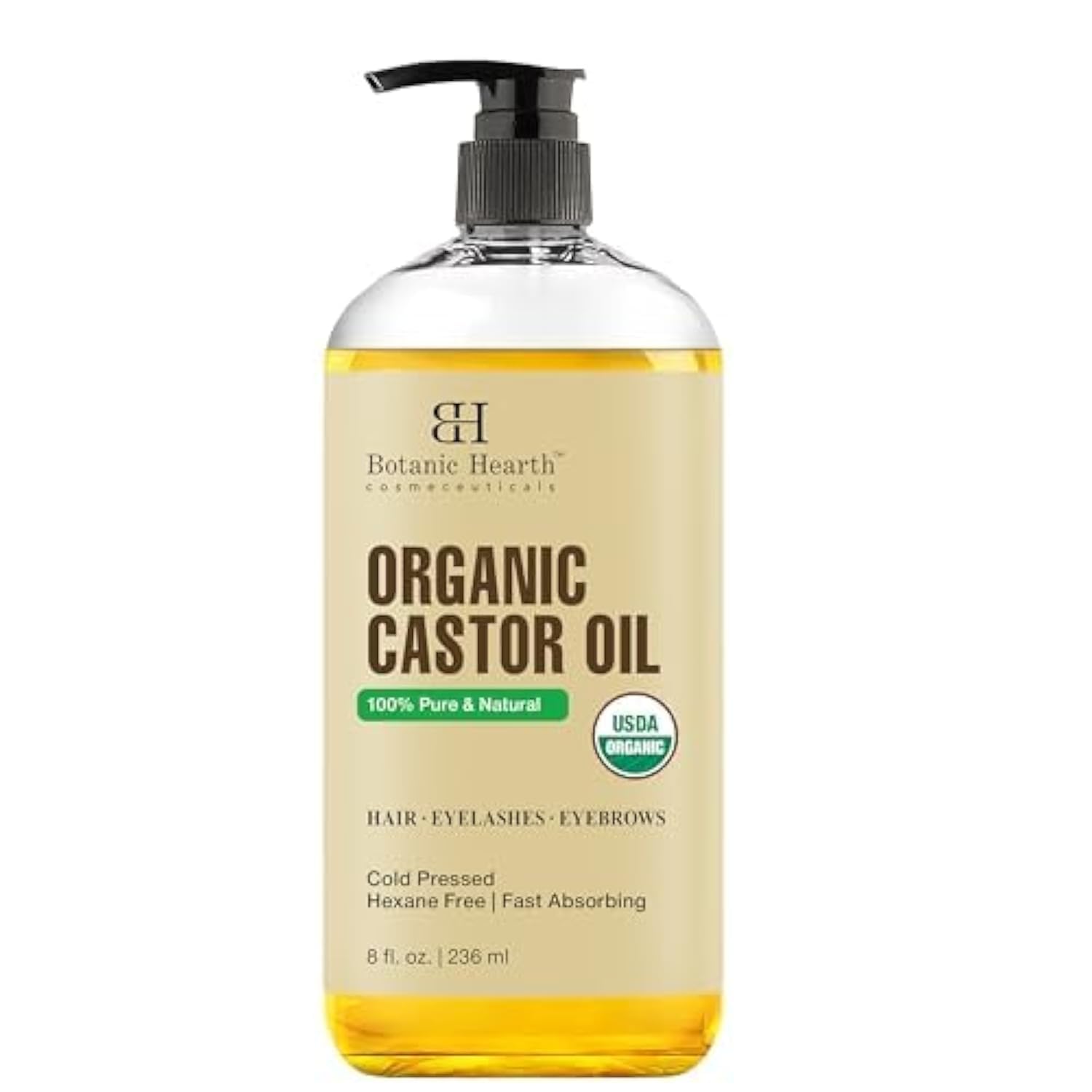 Botanic HearthCastor Oil | USDA Certified Organic |100% Pure & Hexane Free | Cold Pressed | Growth for Eyelashes, Eyebrows, Hair | 8fl oz