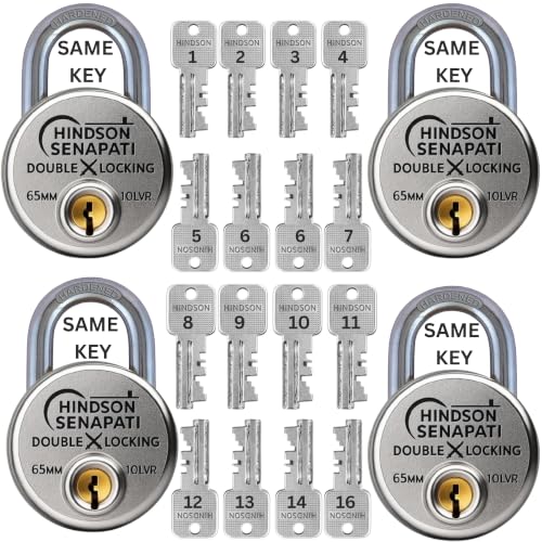 Image of Hindson Same Key Senapati 65mm Round Padlock, Pack of 4 with 16 Same Keys, Hardened Shackle, 10 Lever Mechanism, Heavy Duty, Double Locking Security Lock for Gates, Doors & Shutters (Silver)