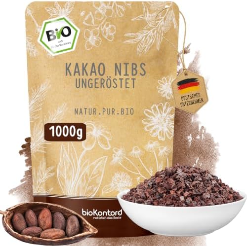 bioKontor – BIO Kakao Nibs ungeröstet 1kg (1000g) – Kakaobohnenstücke | aus ungerösteten Bio Kakaobohnen – 100% natürlich – deutsche Handabfüllung – Kakaonibs für Müsli, Porridge &
