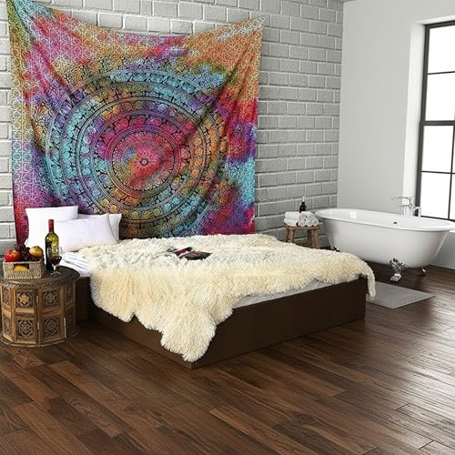 Image of Craft Trade 84x90 Inches Psychedelic Multi Cotton Mandala Ombre Wall Hanging Tapestry