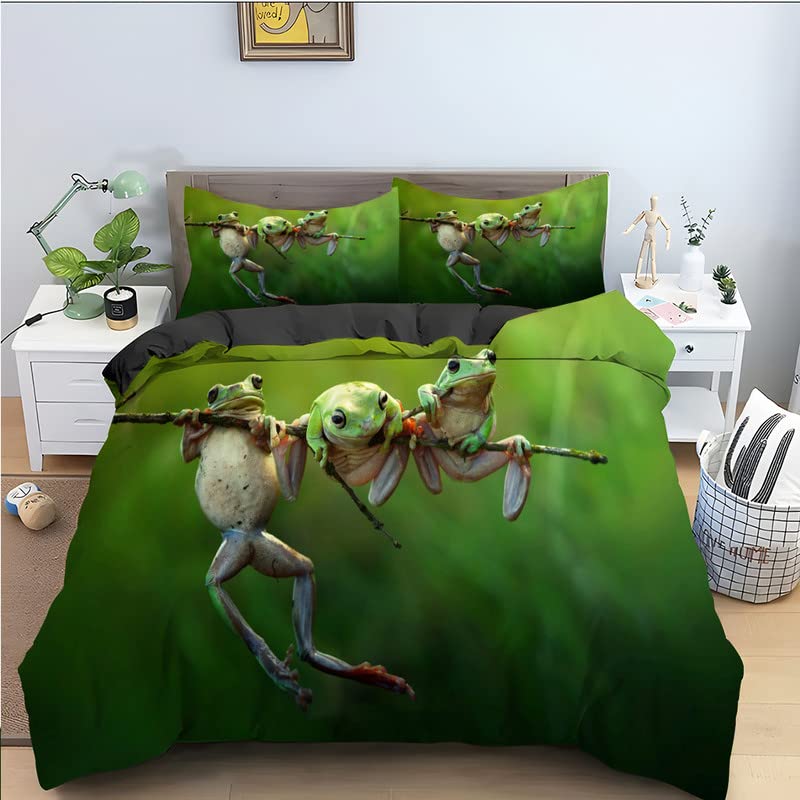 Housse de couette 140x200 animal vert en microfibre douce avec 2 taies d'oreiller