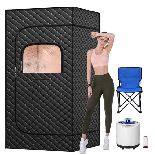 Tehanld Sauna, Portable Sauna Box for Home, Full Size Steam Saunas Tent with Steamer, Foldable Chair, Carpet and Remote Control, Ideal for Spa, Indoor, Outdoor (Satin Cotton, Glossy Black)