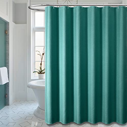 Dynamene Green Fabric Shower Curtain - Waffle Weave Textured Heavy Duty Cloth Shower Curtains for Bathroom, 256GSM Hotel Luxury Weighted Bath Curtain Set with 12 Plastic Hooks,72x72, Seaweed Green