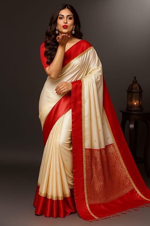 Red Border White Durga Puja Gorod Bengali Saree for Women Traditional Handloom Pure Kanjivaram latest SariBanarasi Silk Goroder Lal Par Sada Navratri New Pooja Sari with Blouse-ARC001