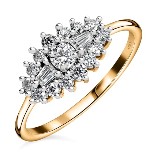 Image of TJC Moissanite Cluster Boat Ring for Women 925 Sterling Silver, 18K Vermeil Yellow Gold Plated, Baguette & Round Stone Gold Ring, Statement Engagement Ring Jewellery Ring Size Q