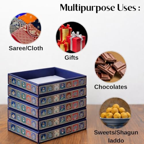 Image of SATYAM KRAFT 6 Pcs Multipurpose Folding Cardboard Gift Box | Premium Paper Hamper Empty DIY Tray for Wedding, Birthday, Gifting, Gift Packaging, Festive Foldable Hampers, Stylish Return Gifts (Without Net) (Dark Blue)