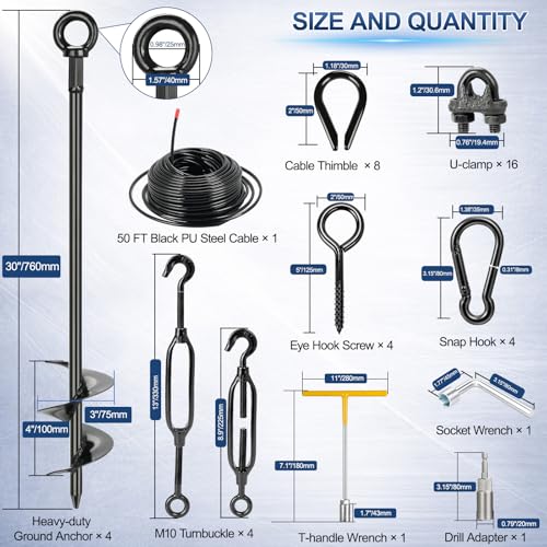 Vlesentoo 30" Long Shed Ground Anchors, All-Black Kit with Heavy Duty Earth Anchors & 1/4" Wire Rope, Steel Turnbuckles Clamps and More Fittings for Tree Mobile Home Swings Trampoline Tent Stakes by Vlesentoo - Image 2