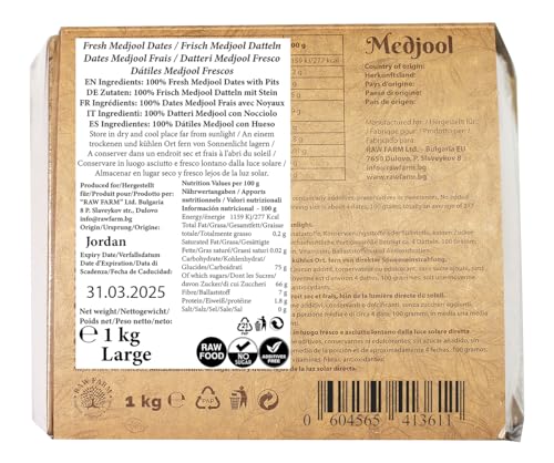 1kg Natürliche frische Medjool Datteln, ausgewählte große Größen - Raw Farm