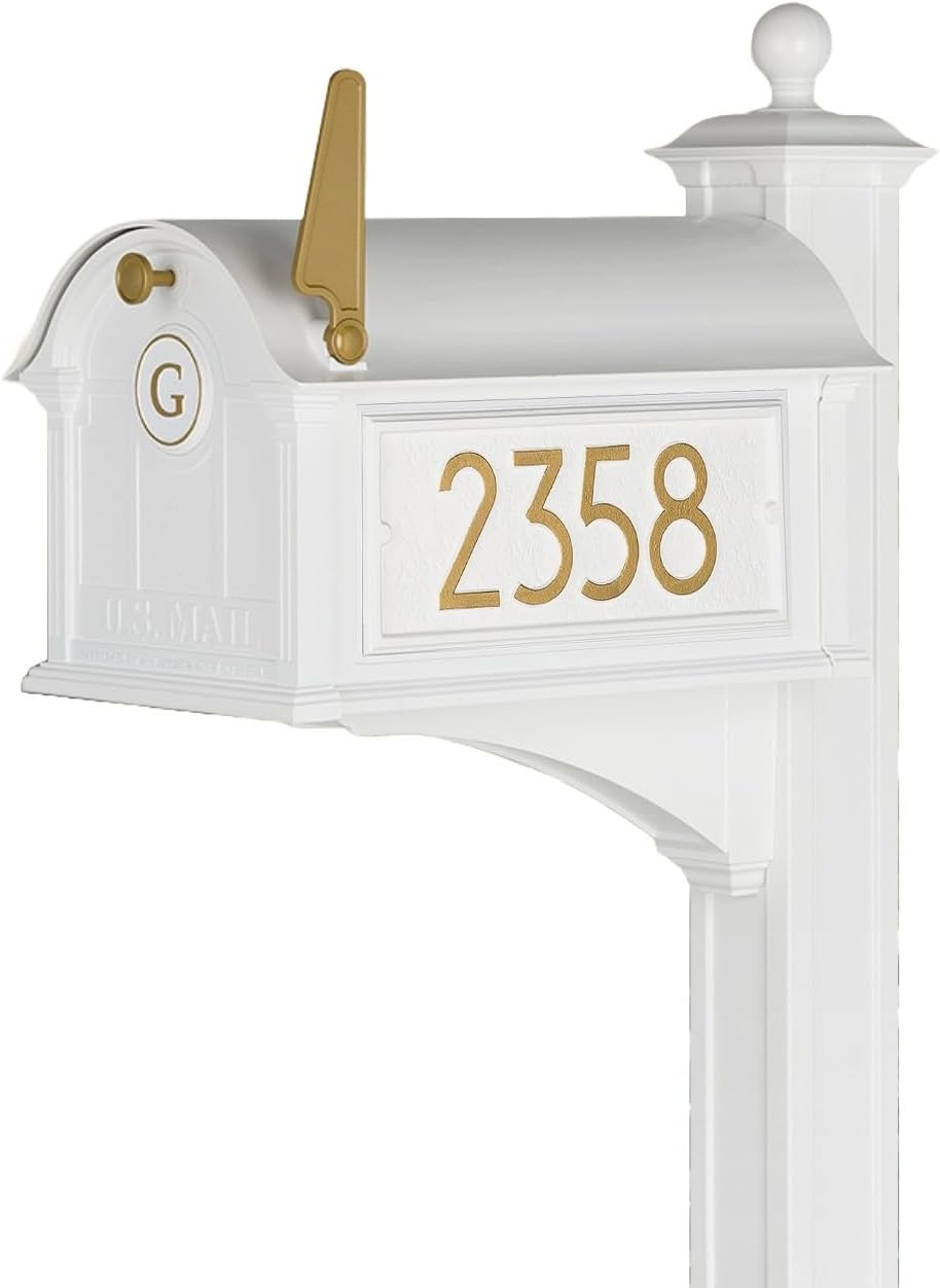 Whitehall Custom Extra Large Mailbox - Balmoral Model with Modern Style Address Plaques, Monogram and Side Mount Post Package, Sand Cast Aluminum, Black Personalized in Goldtone