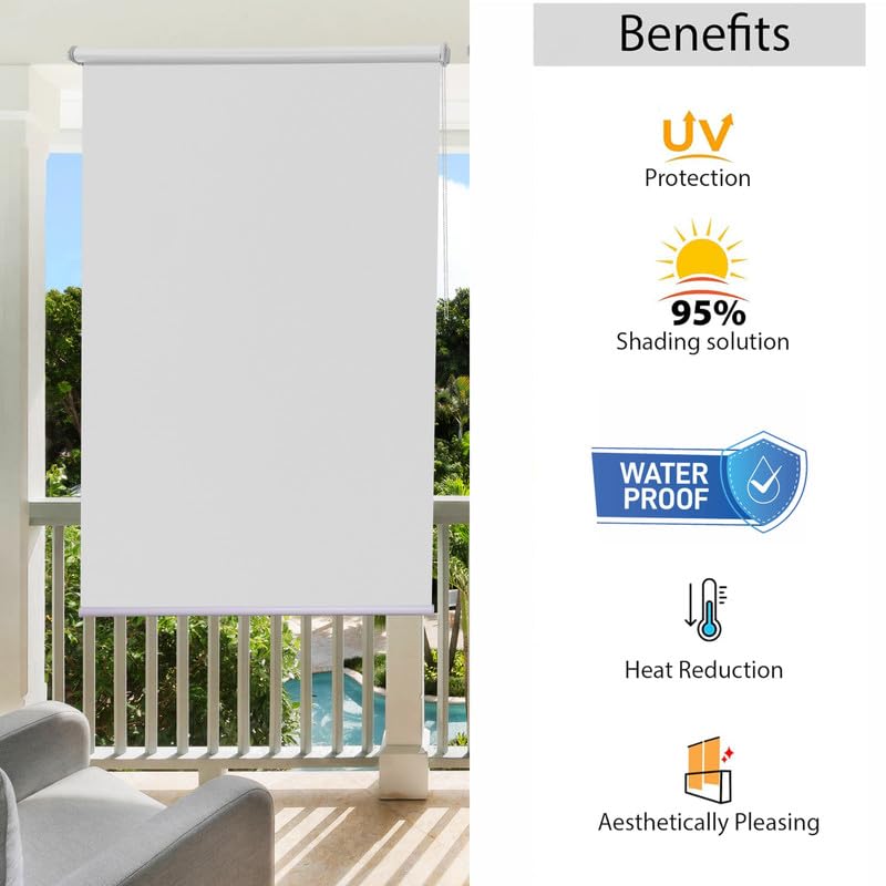 Image of Roller Blinds 300 GSM Polyester Fabric Waterproof & Sun Blockage Corded Roll Up and Down Blinds Curtains for Window, Door, Balcony (White Color 2.5 X 12 Feet, Pack of 1 Piece)