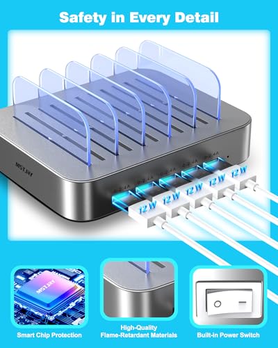 Image of MSTJRY Charging Station for Multiple Devices : 5 Port Multi USB-A Charger Stations Multi-Device Organizer Charging Dock Designed for iPhone iPad Cell Phone Tablets (7 Short Cables Included), Silver