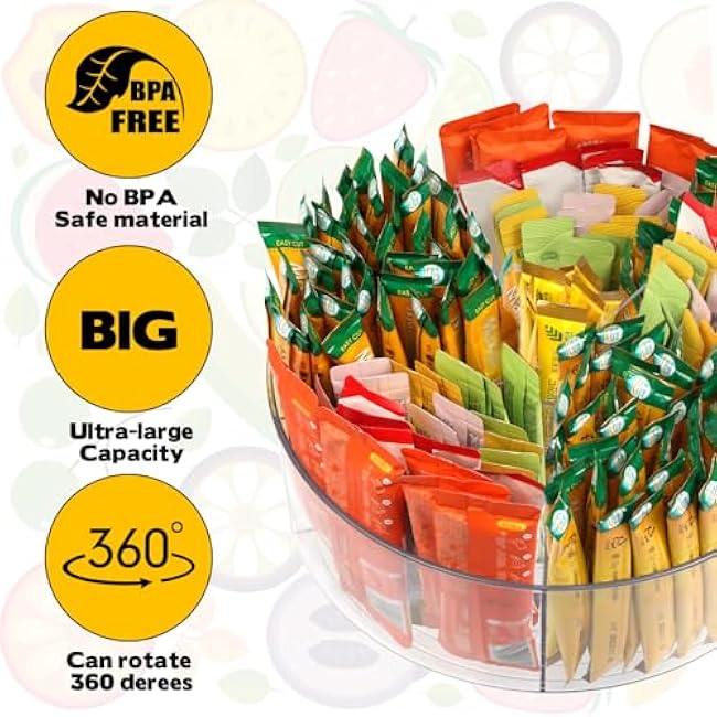 Drink Packet Organizer, Turntable Water Packet Organizer, Mix Drink Station Organizer, Pantry Organization Storage Bins for Kitchen Fridge Countertop Cabinet, 5 Parts for Snacks Packets Spices