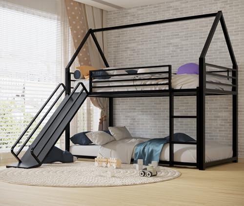 AEMSOFK Twin Over Twin Bunk Bed with Slide,House Shaped Bedframe w/Ladder, Heavy Duty Low Bunk Bed Frame with Guardrail,No Box Spring Needed & Easy Assemble(Black)