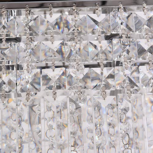 Image of Modern Crystal Lamp, Height Adjustable Rectangular Pandant Light Fixture for Dining Room, Living Room, Kitchen Island, Wide 30-Inch, Installation Video Available