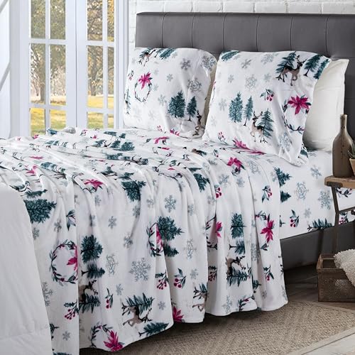 Elegant Comfort Luxuriously Soft 4-Piece Holiday Velvet Plush Flannel Sheet Set - Premium Quality - Cozy Warm, Christmas Fuzzy Velvet Flannel Fleece Deep Pocket Sheet Set - King, Christmas Wreath