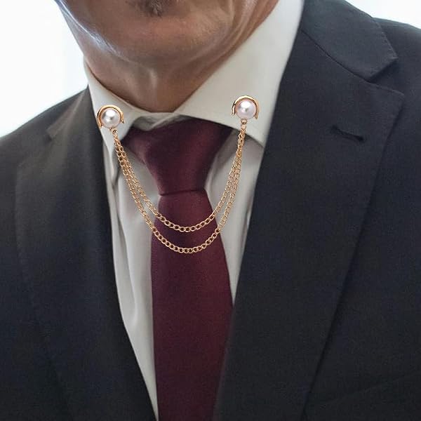 Pearl Collar Chain Hanging Chain Lapel Pin for Men Suits Tassel Chain Brooch Collar Pins Shirt Sweater Collar Pin Pearl Brooch Pins for Men Women Dress Suit Shirt Collar Chains by Kilener - Image 6