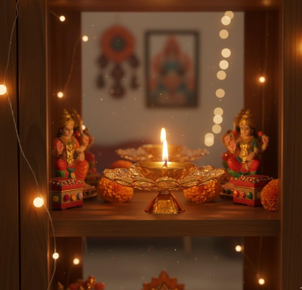 Image of Brass Crystal Diya Set of 2 | Gold Powder-Coated Finish | 3 Inch Height x 3 Inch Diameter | Decorative Metal Oil Lamps | Festive and Puja Decor