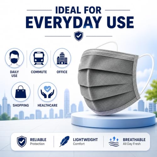 Image of Pack of 100 Disposable 3-Ply Face Mask | Soft on Skin | With Elastic Earloops and Nose Clip | Great For Office, School, Home, Kitchen and Outdoors | Unisex