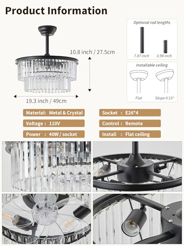 Image of 20 inch Black Crystal Fandelier Ceiling Fans with Lights,Farmhouse Rustic Caged Crystal Chandelier Ceiling Fan with Light Remote Control with 6 Speeds for Bedroom, Nursery, Living Room
