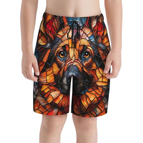 Boys Swim Trunks Quick Dry Beach Board Shorts Kids Youth Bathing Suits, German Shepherd Dog Stained Glass3