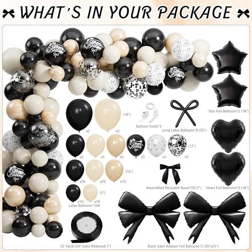 Image of 142Pcs Black Bow Balloon Garland Arch Kit - Coquette Birthday Decorations with Black and White Balloons, Bow Balloons and Satin Ribbon Bows for Birthday Wedding Baby Shower Bachelorette Party Decor