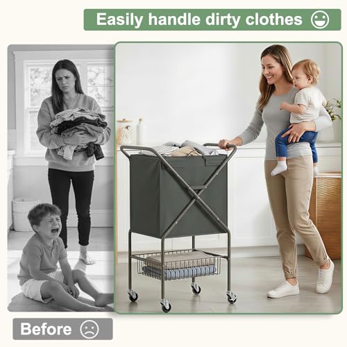 Image of Laundry Basket with Wheels:88L Rolling Laundry Cart Foldable Metal Frame Dirty Clothes Laundry Hamper 36 inchH 4 Caster 2 Brake Waterproof Removable Liner Carry Handle for Dorm Laundry Room,Gray