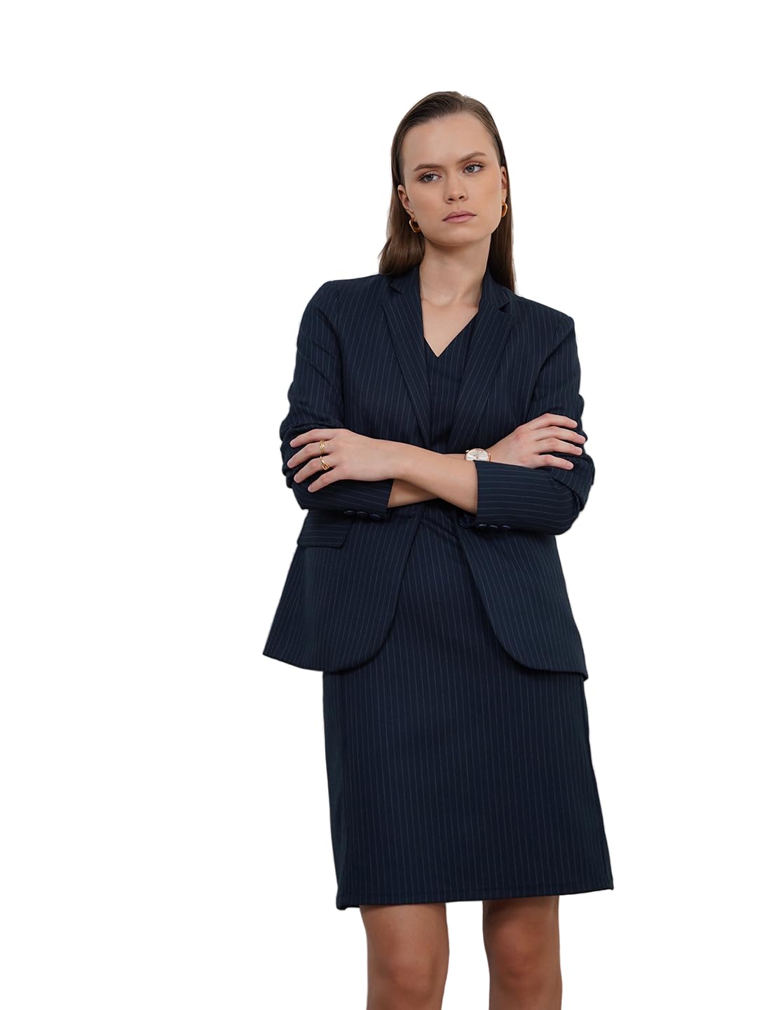 Women Blazer & Skirt Co-ord Set Formal | Single-Breasted Full Sleeve V-Neck Striped Pattern Regular Fit | Durable Polyester Blend Fabric for Office & Business-image-38