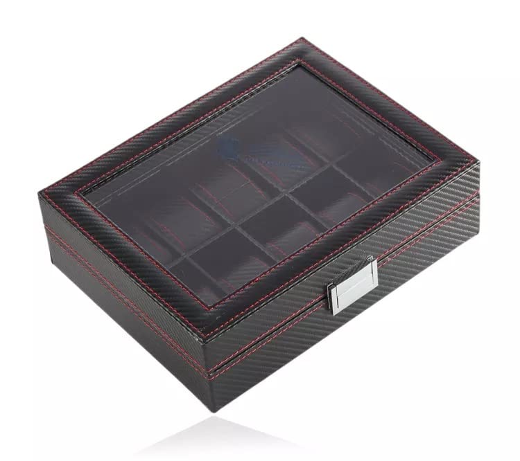 RJ Displays-Watch Box Storage Display Case Organizer Glass Top For Men 10 Slot Watch Holder Black/Grey Carbon Fiber,& Faux Leather.. Groomsmen Wedding Fathers day Gift