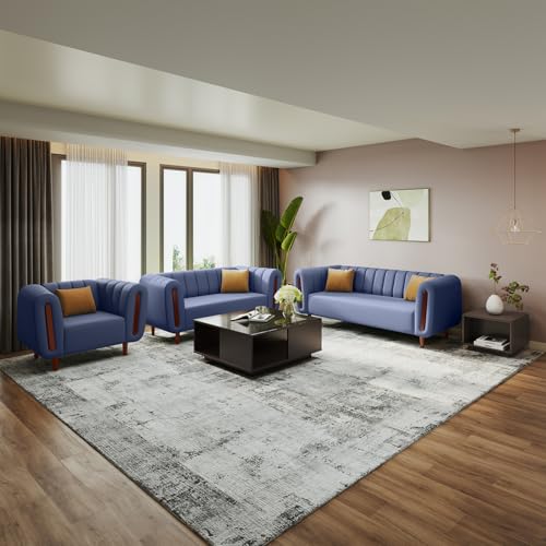 Image of Interio by Godrej Sofa Paramount 6 Seater Fabric Sofa Set (3+2+1) for Living Room, 1-Year Warranty, Solid Wood, Ocean Blue