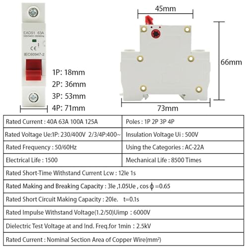Couteau interrupteur principal 2P 125A pour éviter les arcs électriques