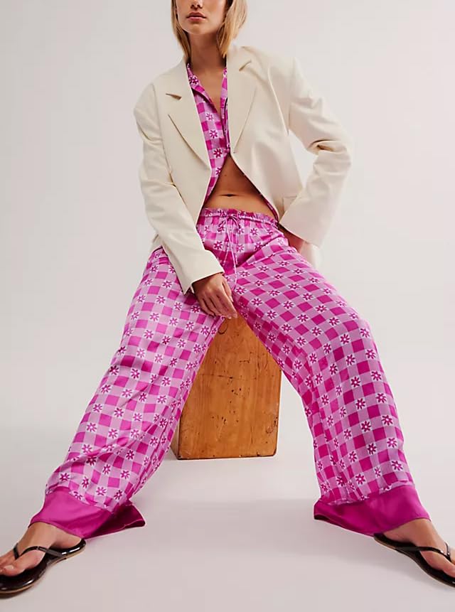 Image of LILTWIST Silk Satin Pajamas Set for Women 2 Piece Floral Pjs Wide Leg Lounge Pants Set Long Sleeve Button down Pj Shirts Set