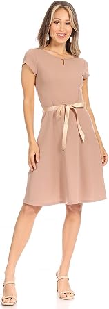 FashionJOA Women's Casual Solid Short Sleeve Ribbon Belted Flared A Line Swing Dresses