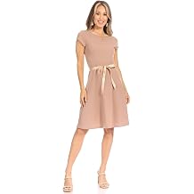 FashionJOA Womens Casual Solid Short Sleeve Ribbon Belted Flared A Line Swing Dresses