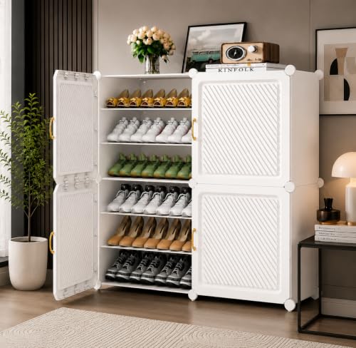 Image of Plastic Shoe Rack for Home with Door | 12-Shelf DIY Shoe Cabinet Organiser | Stores 24 Pairs | Foldable & Waterproof Shoe Stand for Entryway, Bedroom (White-HV1, 12-Layer)
