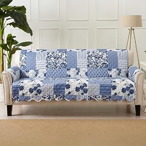 Great Bay Home Reversible Patchwork Sofa Cover – Washable Slipcover Furniture Protector with Elastic Straps – Couch Cover for Dogs, Kids, and Pets – Box-Stitched Detail (Sofa, Navy)