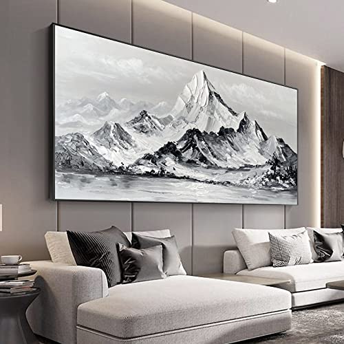 Peinture à l'huile abstraite blanche 60x120cm : toile texturée montagnes d'hiver