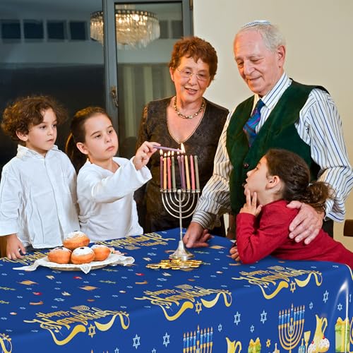 Image of 3 PCS Hanukkah Decorations, 108 inch x 54 inch Blue Gold Hanukkah Tablecloth, Disposable Happy Chanukkah Plastic Tablecloth, Lights Candles Design Rectangle Chanukkah Tablecovers for Jewish Festival Supplies