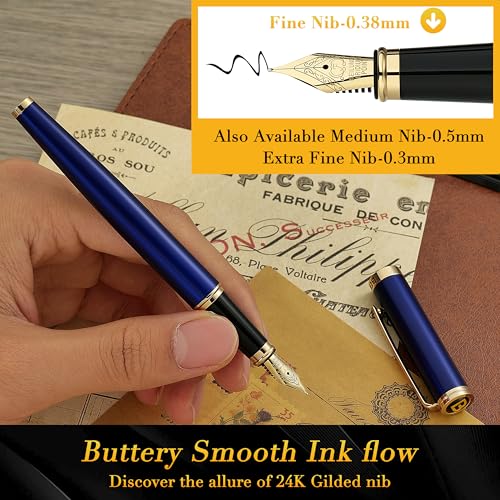 Image of BEILUNER Blue Fountain Pen,Stunning Luxury Pens with 24K Gold Finish, Gorgeous 24K Gilded Nib(Fine), Trustworthy Pen Gift for Men&Women -Ink Converter-Elegant, Graduation,Nice Pen for Writing